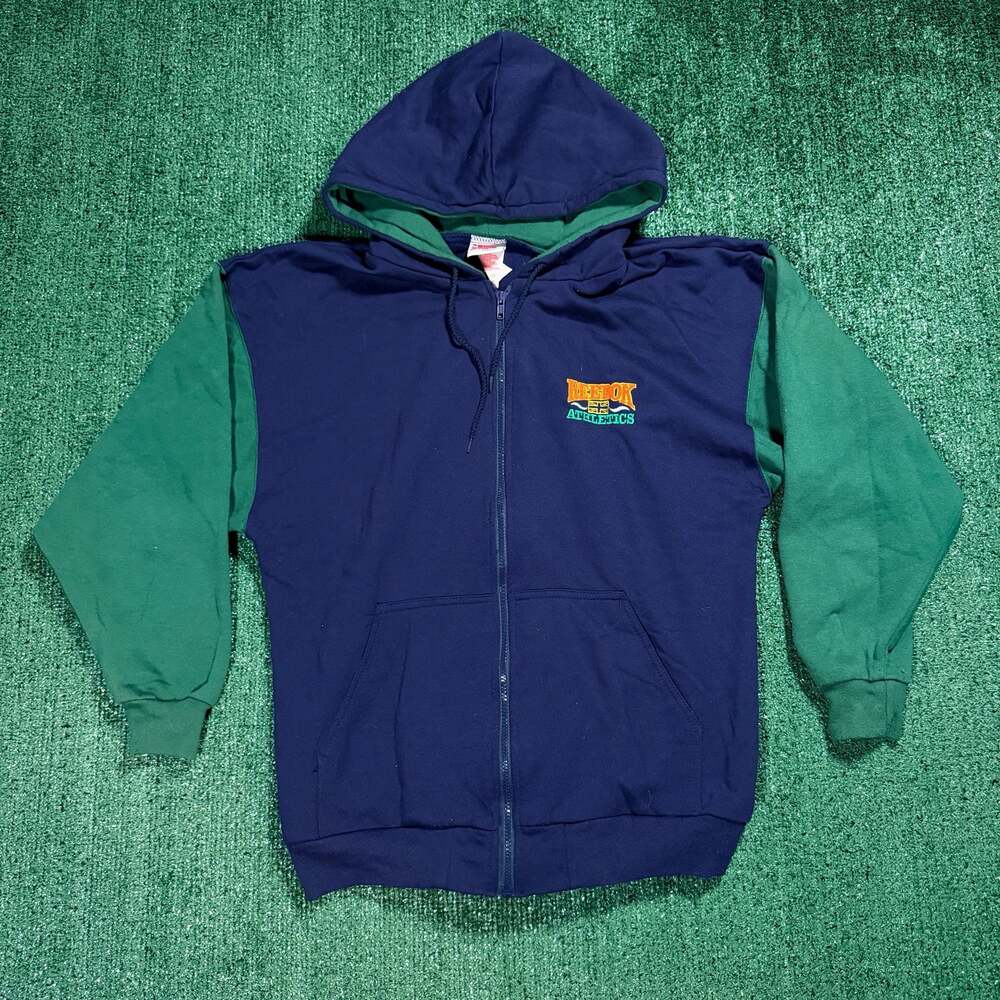 Vintage Reebok Athletics Zip Up Hoodie Sweatshirt Navy & Green Color Block Large